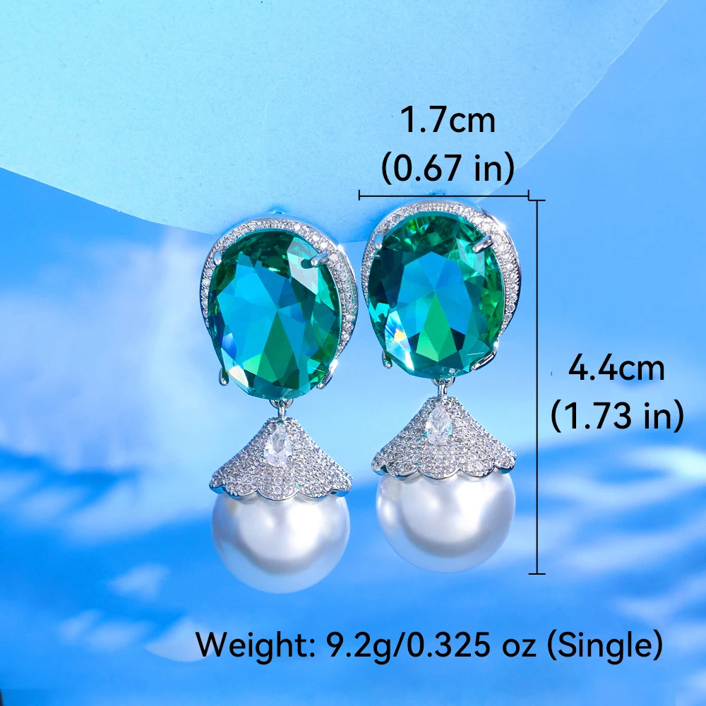 ThreeGraces Elegant Green Cubic Zirconia Big Simulated Pearl Drop Earrings for Women Luxury Bridal Wedding Party Jewelry E1933