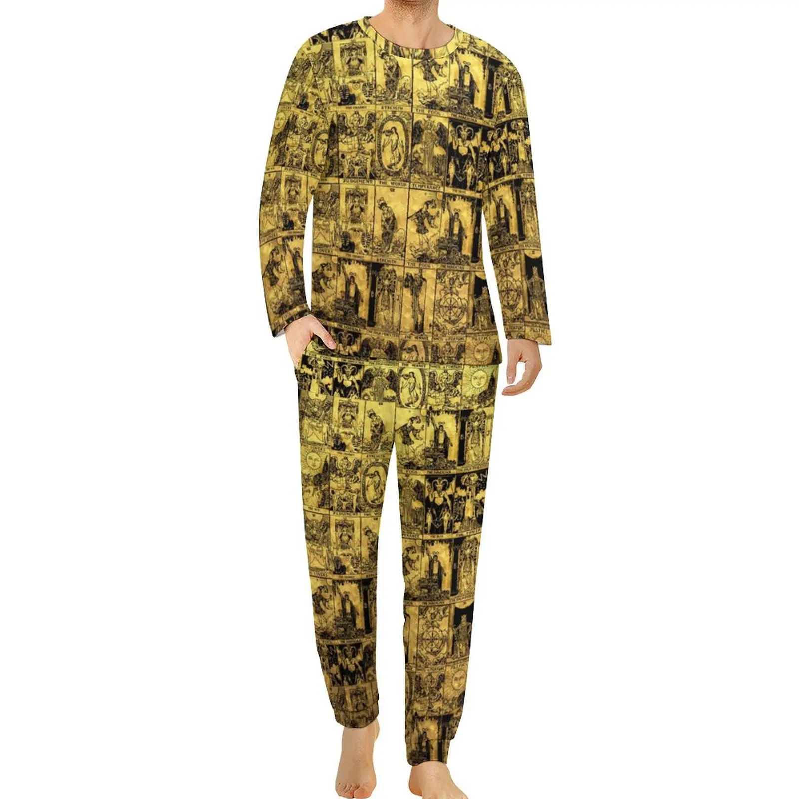 Gold And Black Tarot Pajamas Long Sleeve Major Arcana 2 Pieces Casual Pajama Sets Spring Men Print Lovely Oversized Sleepwear