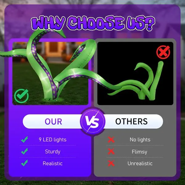 2-Pack 6.9FT Inflatable Octopus Tentacles | Halloween Decoration with Built-in White LEDs | Spooky Outdoor/Indoor Window, Roof,