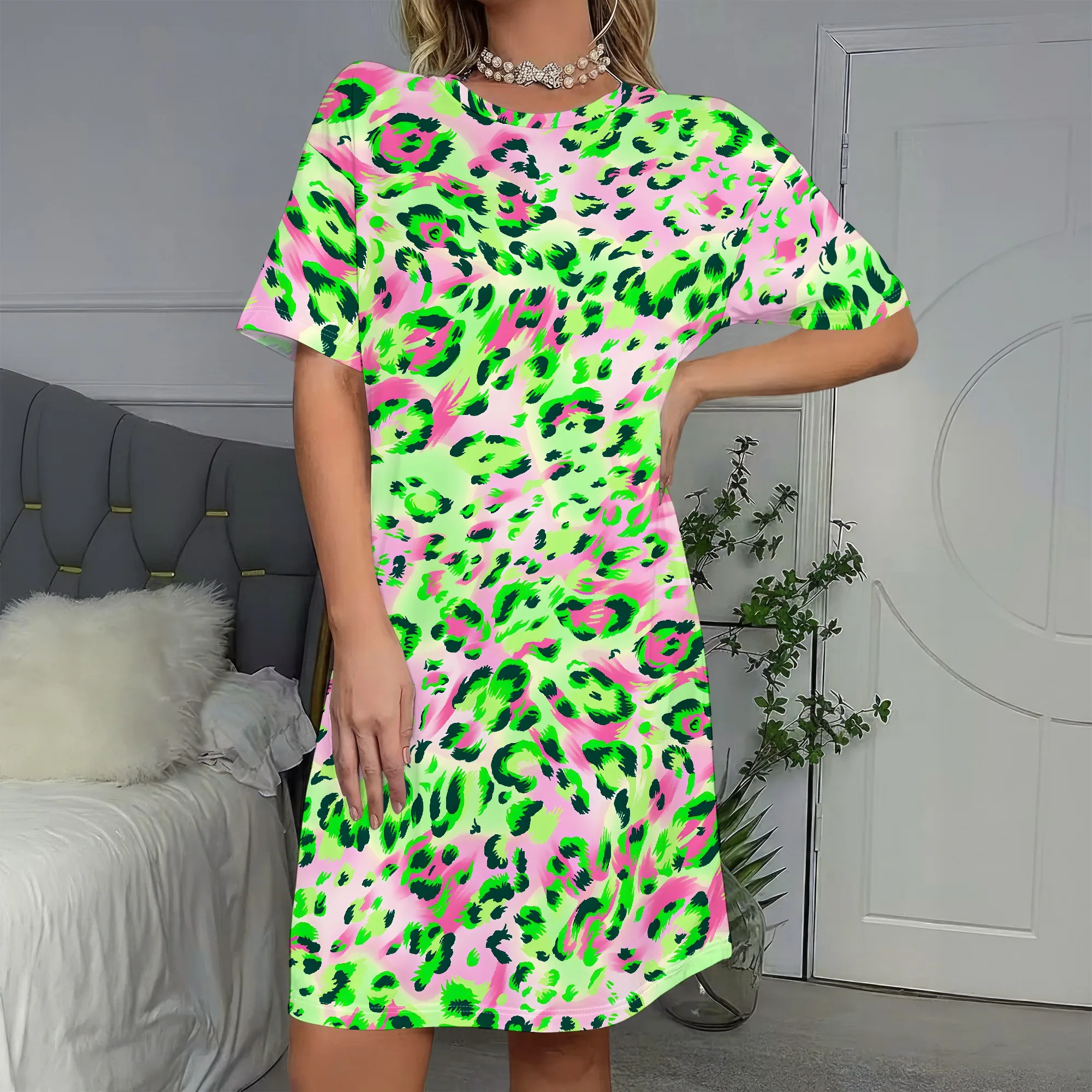 

Neon Leopard, Short Sleeve Dress, Pink & Green Print, Summer Mini Dress, Casual Party Wear, S-2XL