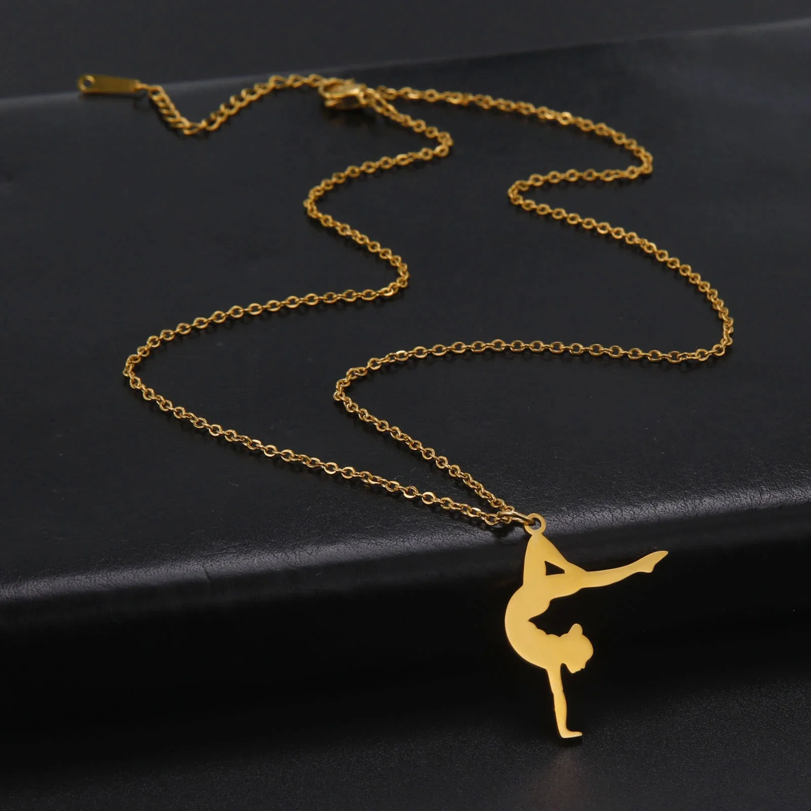 Skyrim Gymnast Pendant Necklace for Women Girls Gold Color Stainless Steel Neck Chains Gymnastics Sports Jewelry Gift New In