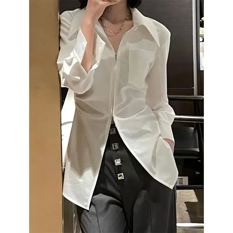 2024 Elegant Korean Style Aesthetic Women\'s Blouses Female Long Sleeve Zipper Tops Office Lady Vintage Fashion Y2K Black Shirts