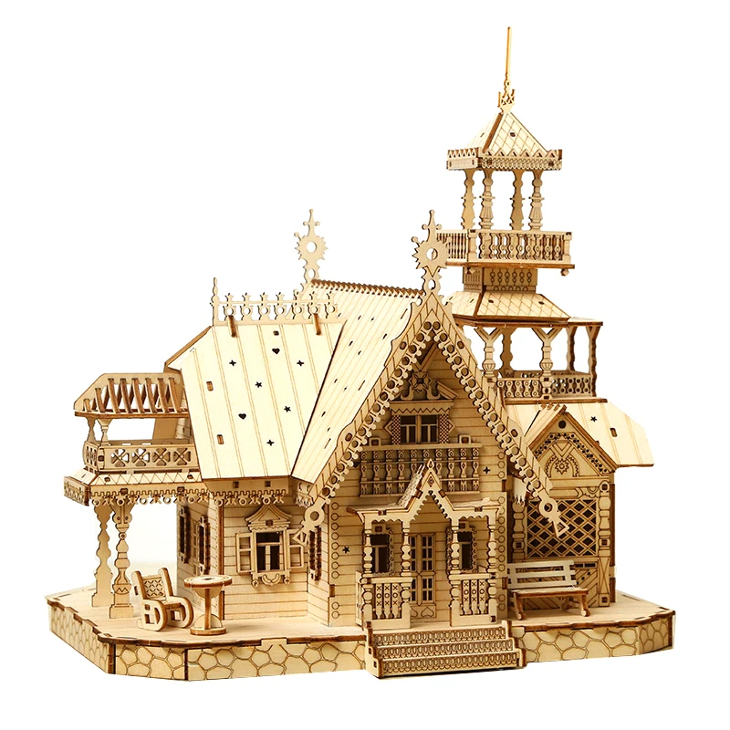 3D Wooden Puzzle Villa House Royal Castle with Light Assembly Toy Kid Adult DIY Model Kits Desk Decoration for Gift G223