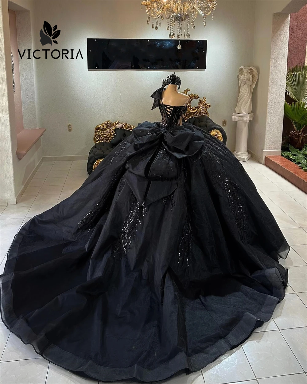 

Nifty Black One Shoulder Quinceanera Dresses Sequined Applique Lace-up Ball Gown With Bow 2025 Birthday Luxury Dress Customized