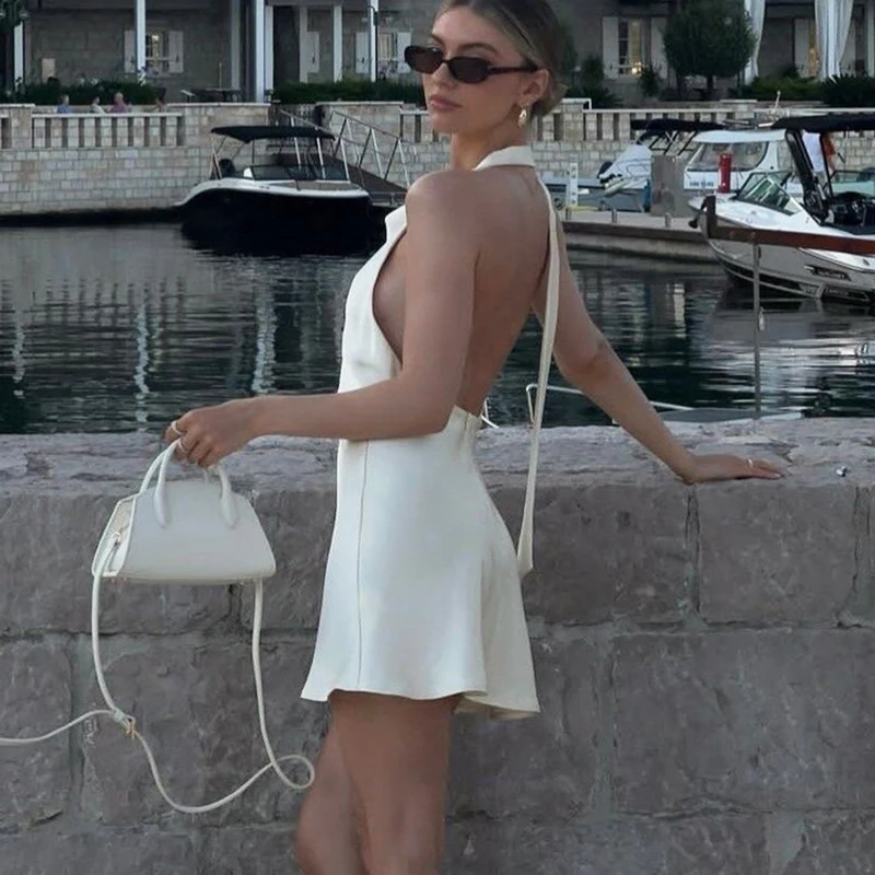 토르노바 백리스 홀터 미니 드레스 여성 우아한 새틴 드롭핑 섹시 드레스 오피스룩 휴가 레이스업 A라인 드레스 2025 신상