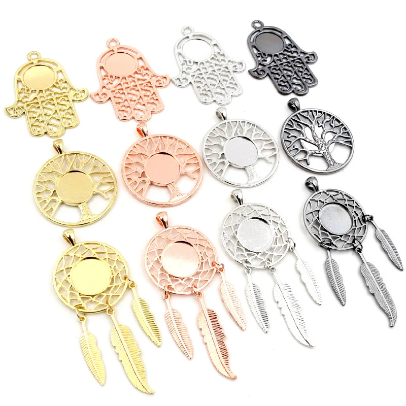 Fashion New 14mm Inner Size High Quality Rhodium Gold ColorTree Leaf Feather Wings Fame Style Cabochon Base Cameo Charms Pendant