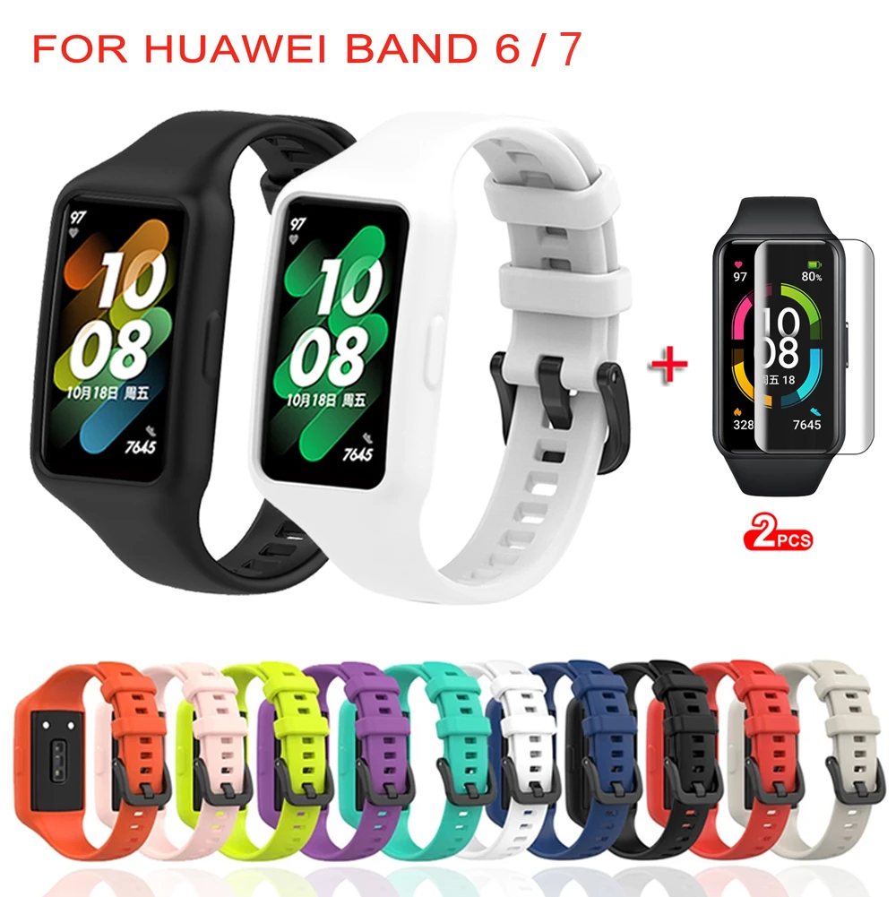 Silicone Strap For Huawei Band 6 Strap Replacement Watch Strap For Huawei Band 7 Strap With Screen Protector