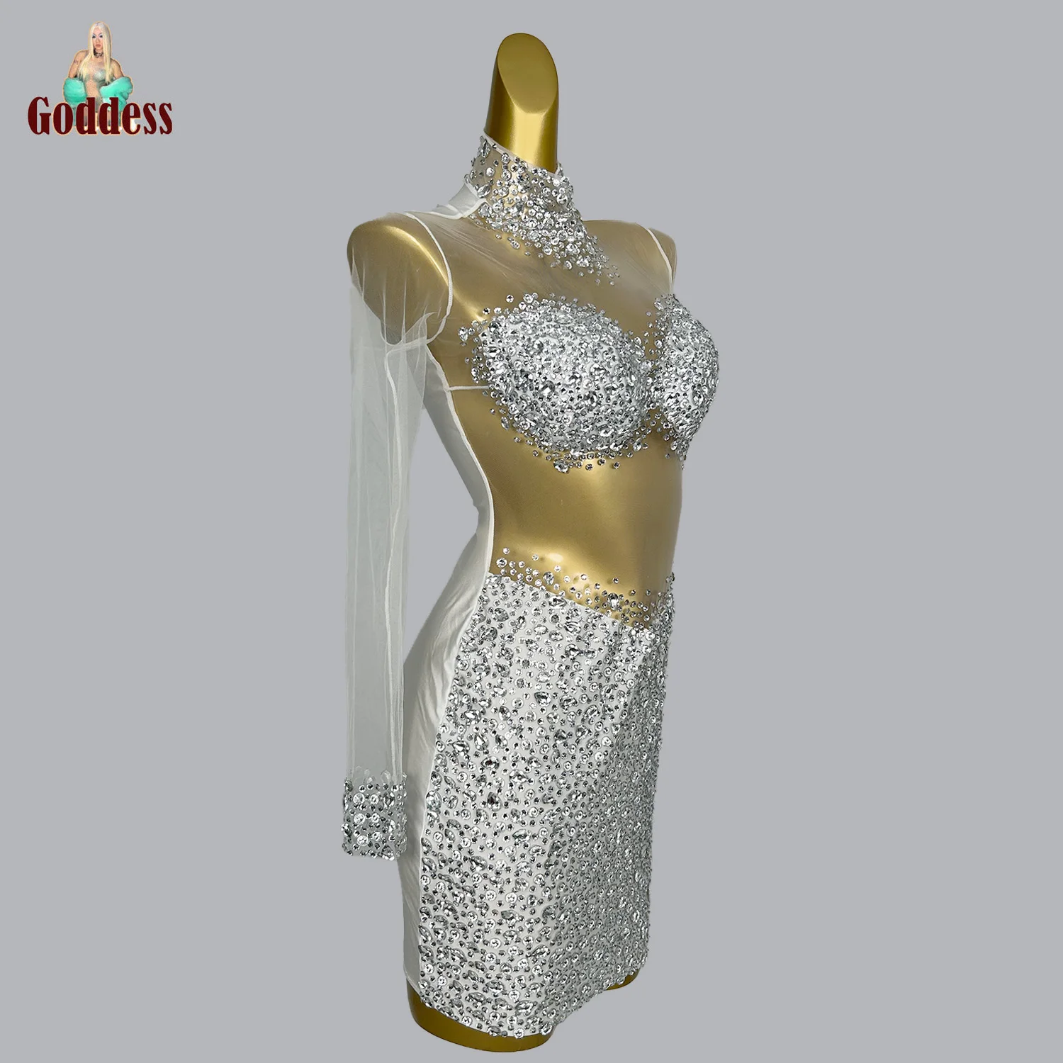 Women Summer Glitter Rhinestone Dress Cocktail Hot Designer Sheer Mesh Prom Celebrity Birthday Evening Dress Bar Stage Show Wear