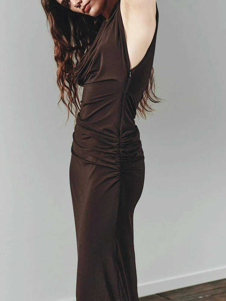 Faionable dulce ajustado Midi Dr otoño nueva llegada Falda larga plisada Sle Deep V Ne Svel vestido de noche para mujer