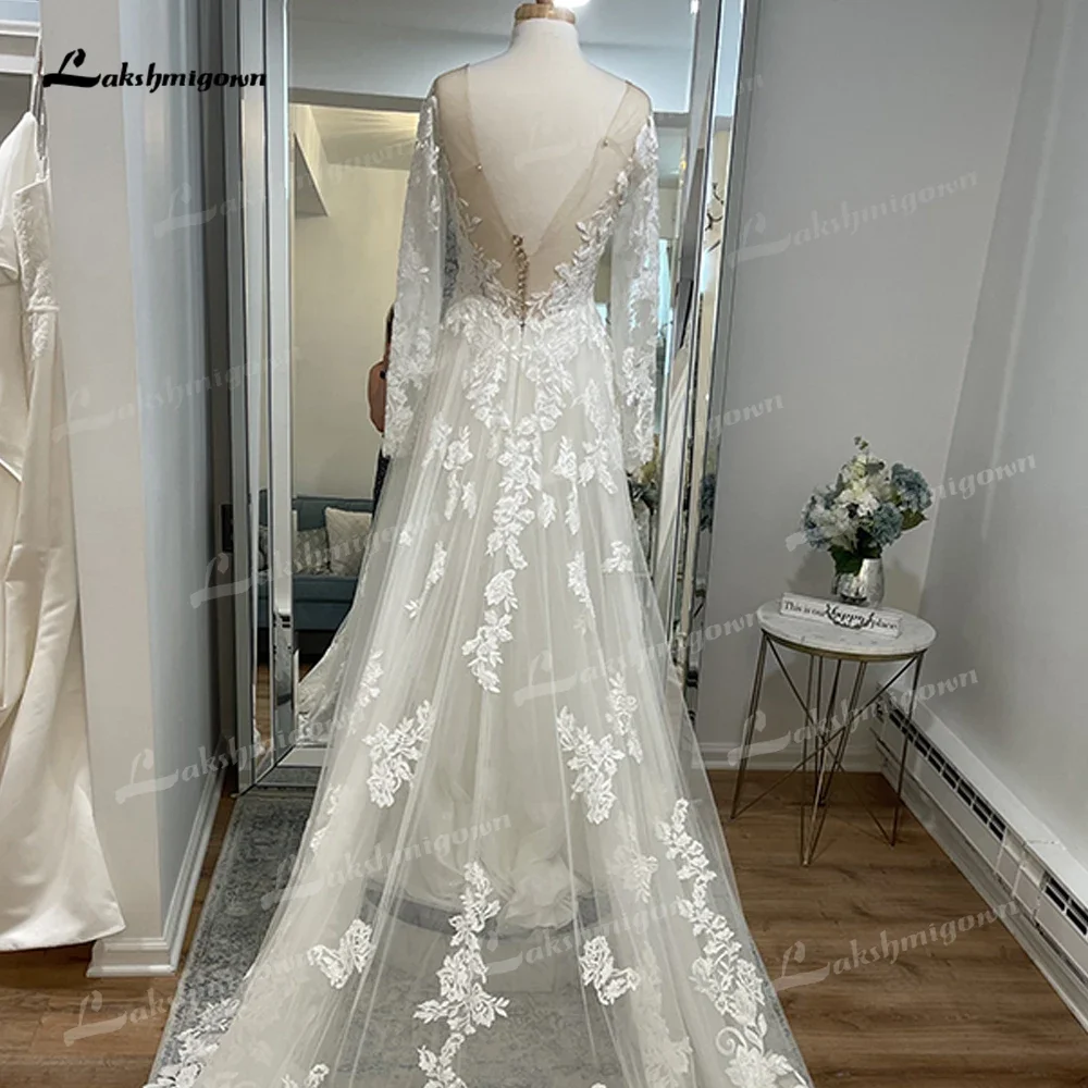 Boho Sexy V-ausschnitt Langarm Zurück Taste Applikationen Tüll A-linie Hochzeitskleid Benutzerdefinierte Für Frauen Brautkleider Sweep Vestidos Robe