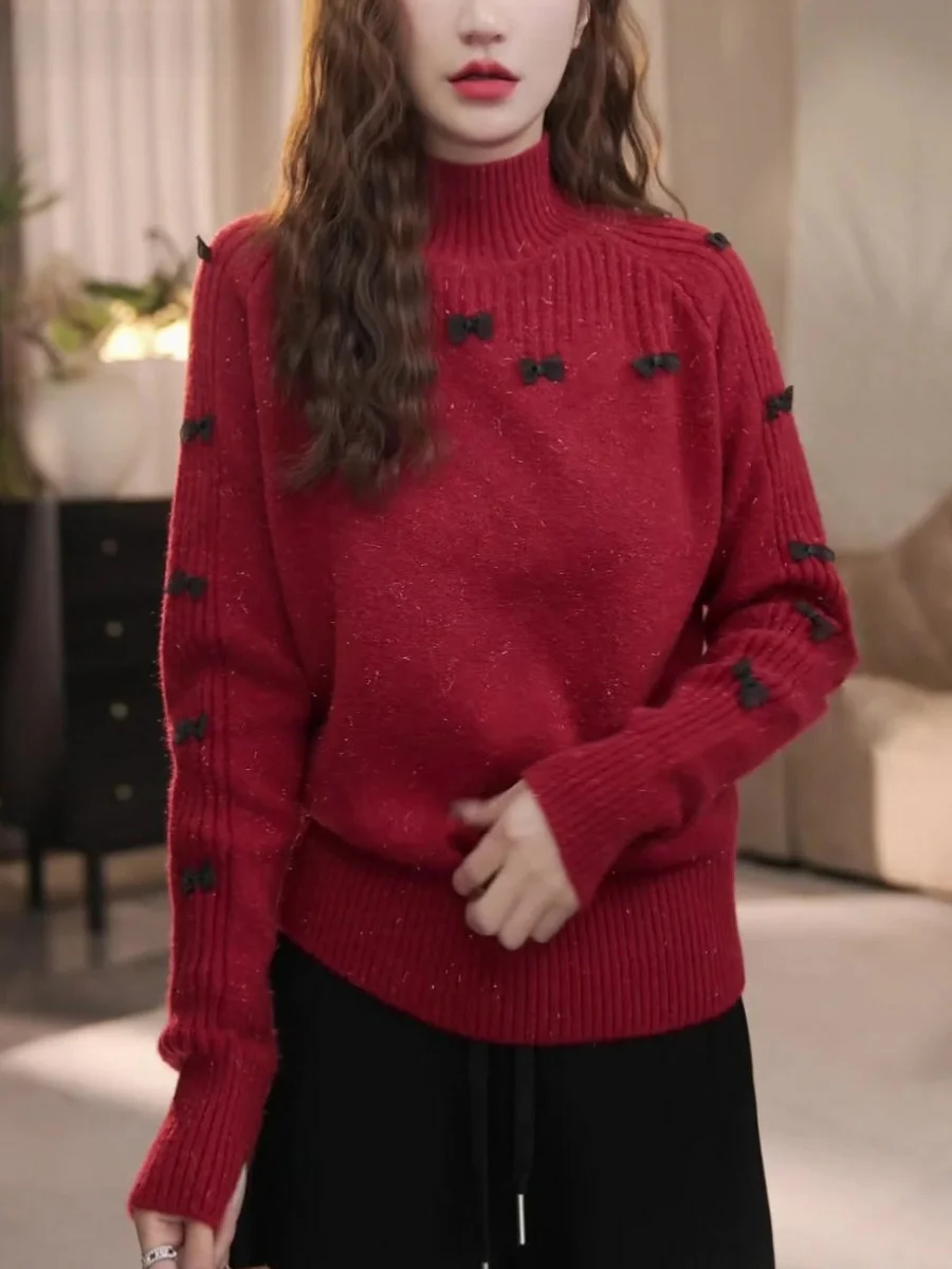 

La Chapelle женский свободный вязаный свитер красный с вышитым узлом весна осень зима удобный дышащий теплый