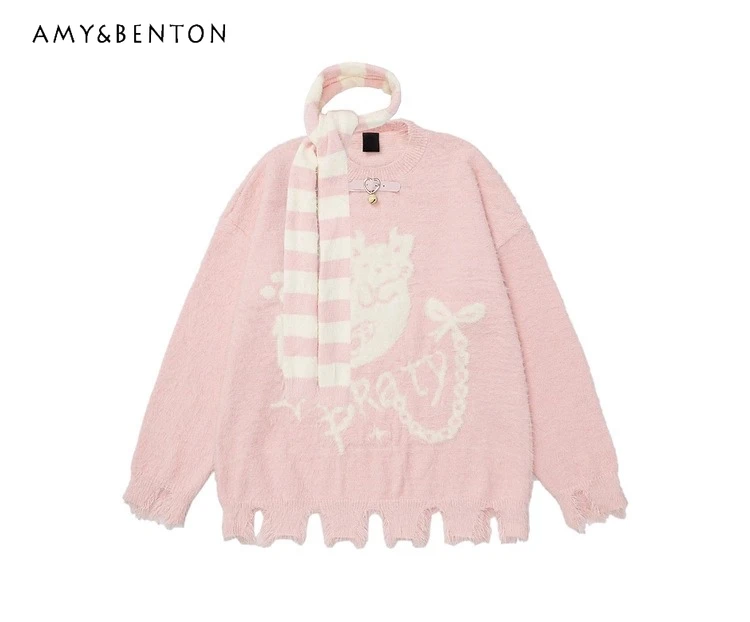 

American Style Women's Kitten Jacquard Scarf Decorated Round Neck Black Sweater Couple Style Pink Loose Casual Knitted Top