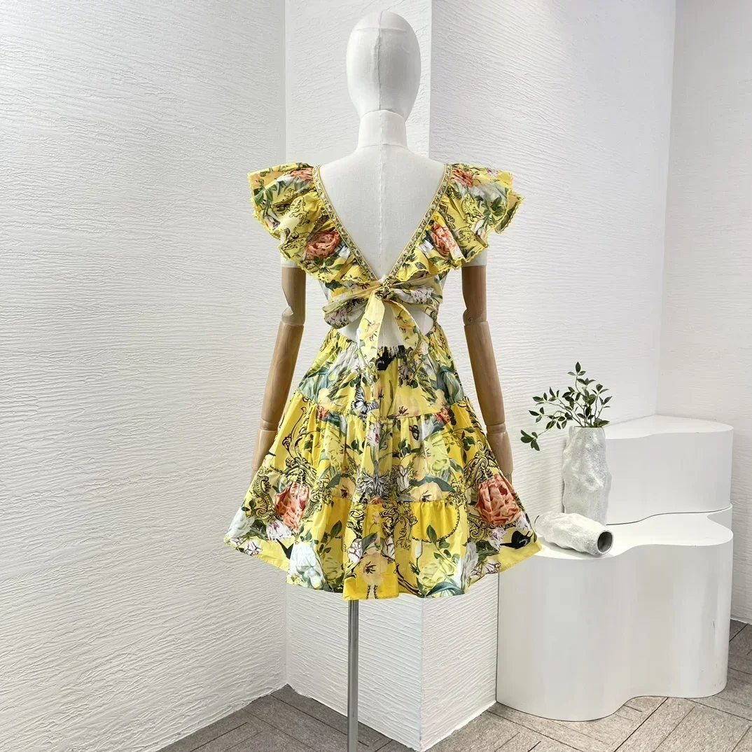 Cotton Shirred Frill Lace-up Women Ruffles Mini Dresses 2025 New Yellow Floral Print Sleevless Diamonds Pressed Cut Out Waist