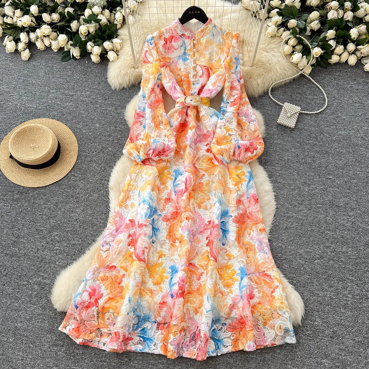 Häkeln Spitze Stickerei Aushöhlen Floral Print Maxi Kleid Herbst Frauen Lange Laterne Hülse Perle Knöpfe Up Gürtel Prom Kleidung