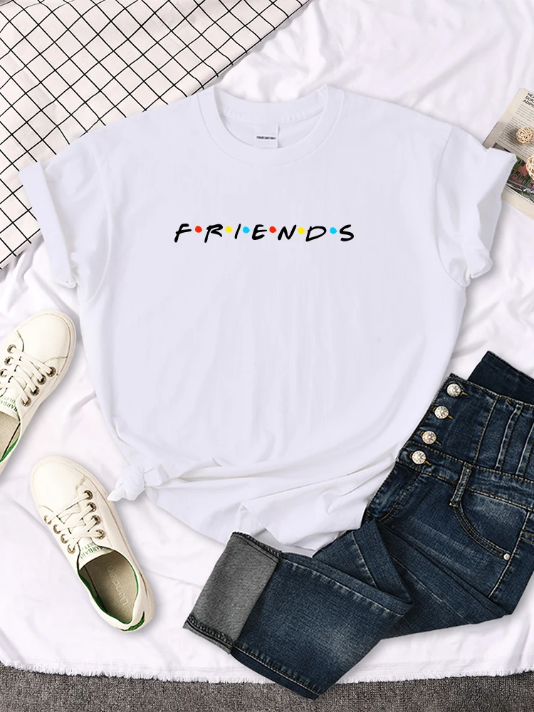 Creative Friends Letter Print T-Shirt Womens Casual Tees Japan Harajukua Style Loose Round Neck Clothing Girl Slim Funny Tshirt