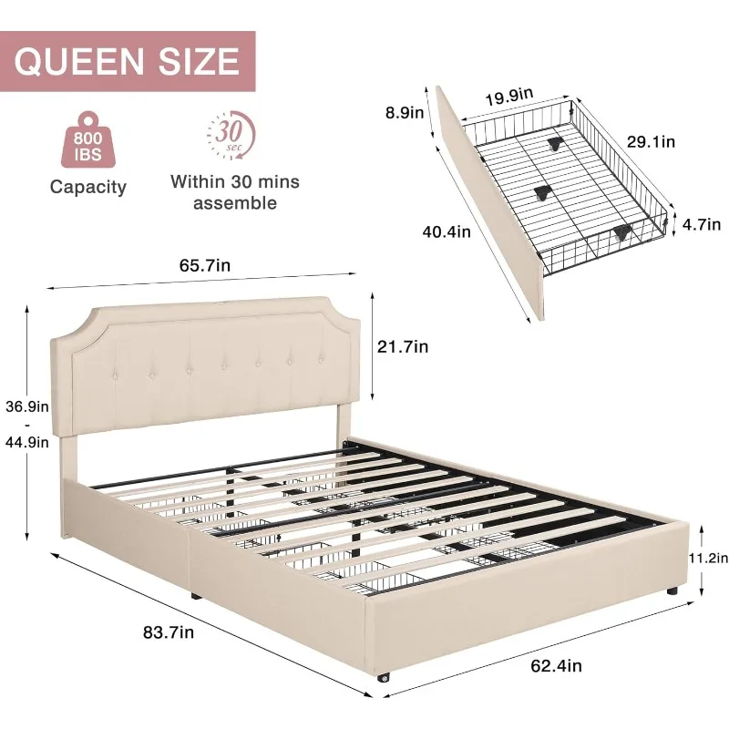 Platform Bed Frame with 4 Storage Drawers,Fabric Upholstered Headboard and Wooden Slats Support,Built-in USB and Type C Ports,