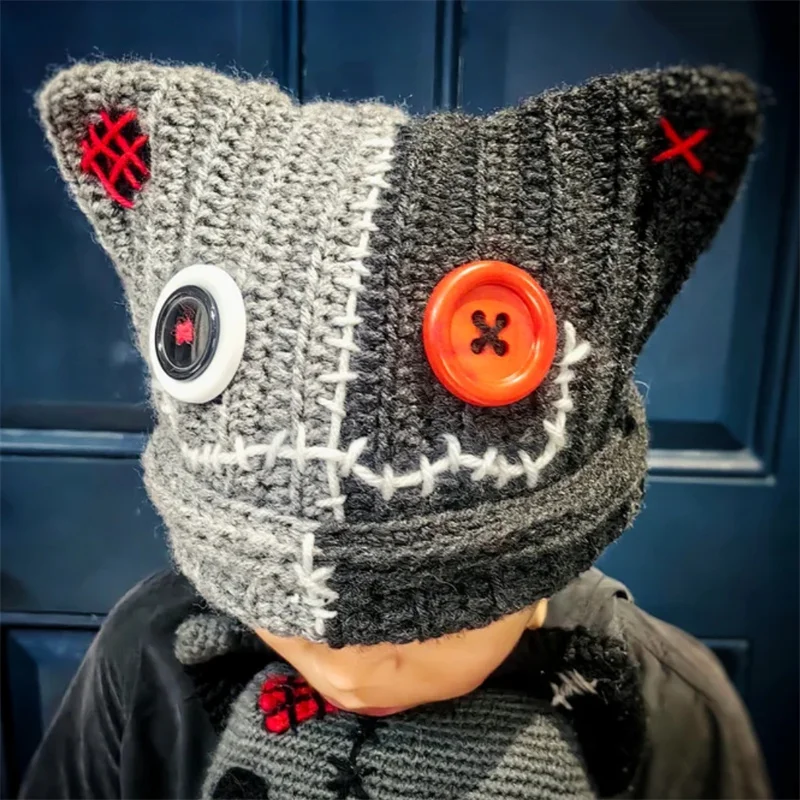 Winter warm Knitted Beanie Hat for children Cat-ear hat buttons adorn children's pullover hats halloween outdoor windproof hat