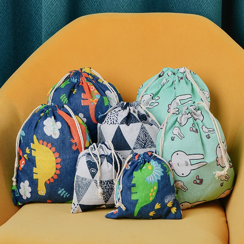 Printed Cotton and Linen Drawstring Pocket Small Cloth Bag Sundries Underwear Buggy Travel Gift Dinosaur Rabbit Storage Bag