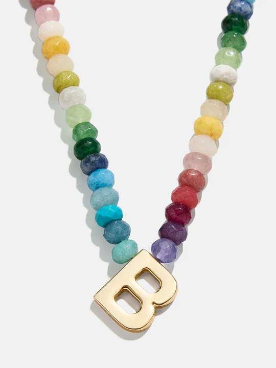 Semi-Precious Block Initial Necklace High Quality Stainless Steel 18K Gold Plated Custom Name Bead Chain Necklace Gift For Girl