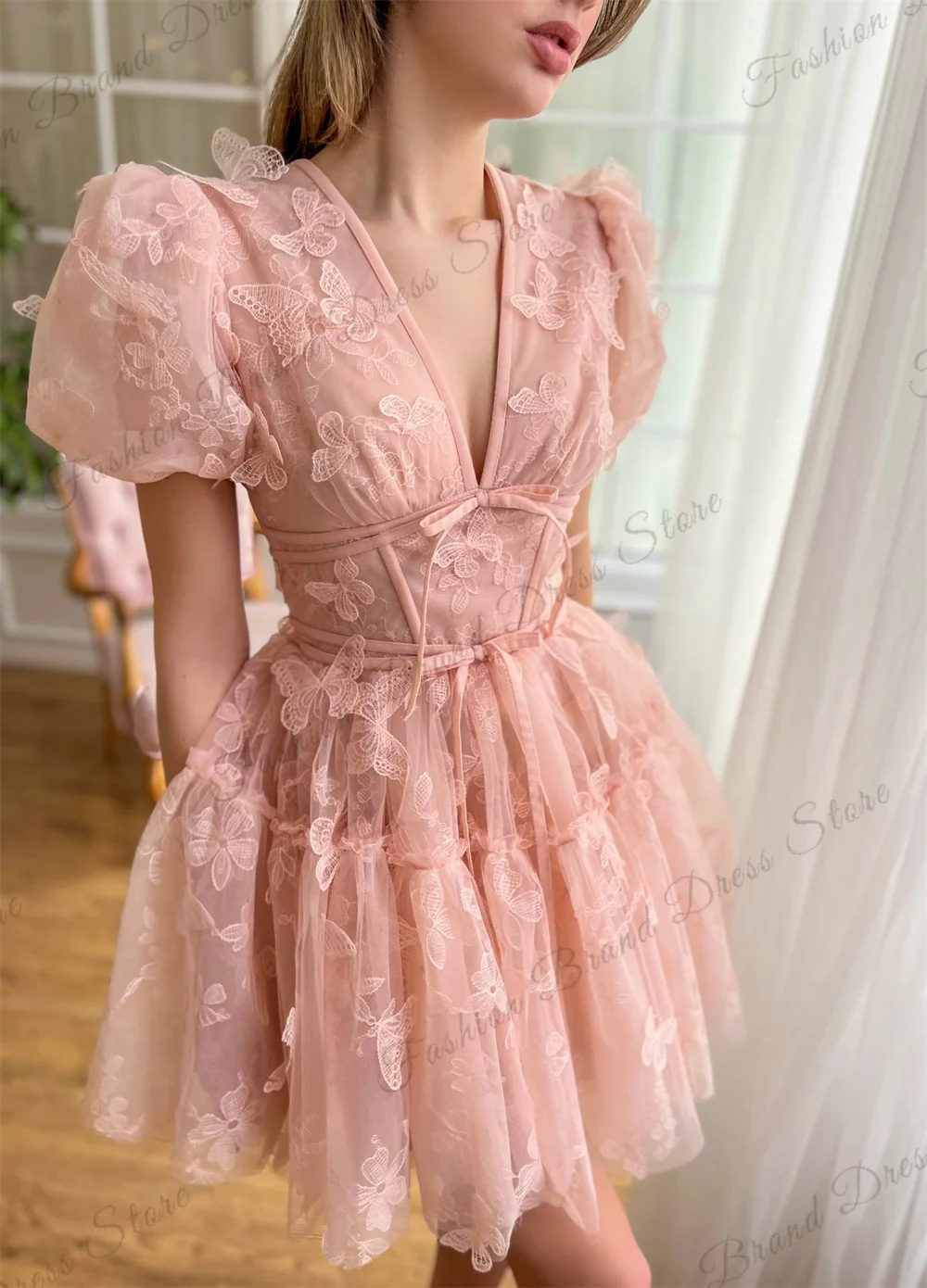 Off-the-shoulder V-Neck Homecoming Dresses for Teens 3D Floral Butterfly Backless Prom Gown A-line Short Sleeves Graduation Gown