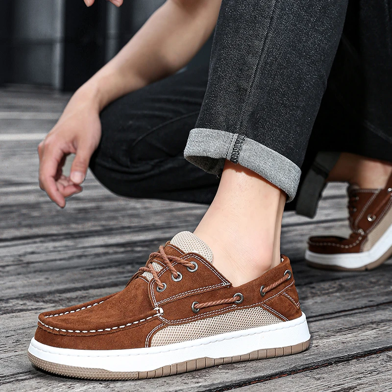 Men's Breathable Mesh Casual Shoes Lace Up Low Top Thick Sole Boat Shoes Fashionable Sailing Shoes Leisure Shoes Size 39-44