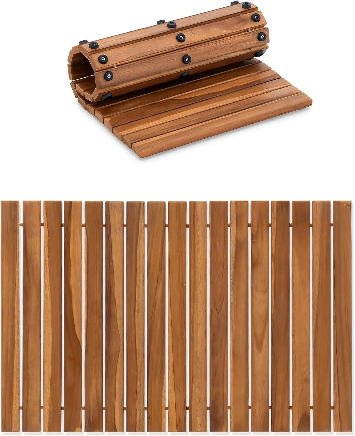 Roll Up Teak Bath Mat, Pre-Oiled Wooden Shower Mat with Non-Slip Pads, Teak String Mat for Bathroom, Spa Floor Mat for Tub, Show