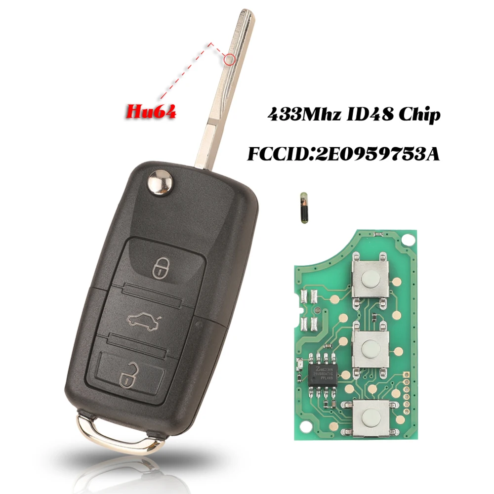 Jingyuqin FCCID:2E0959753A 434Mhz ID48 Chip Remote Reverse DIY Key for VW/VOLKSWAGEN Crafter 3Buttons Fob Control Replacement