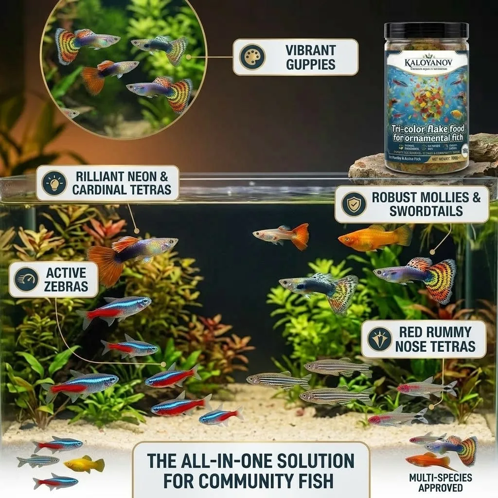 Hochwertiges 3-Farben-Flockenfischfutter Nahrhafte Tagesnahrung für tropische Aquarien-Zierfische, Tetra, Goldfische, Guppys, Farbverstärker – Detail 4