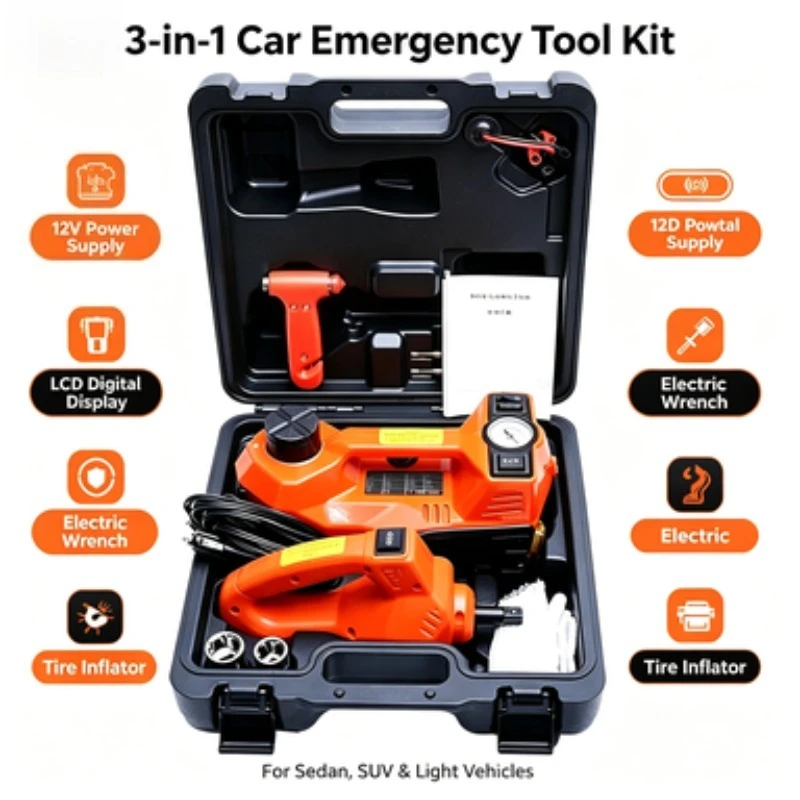 12V LCD Digital Display Car Electric Jack Kit Vehicle Electric Wrench Tire Inflator Auto Repair Tool for Sedan SUV
