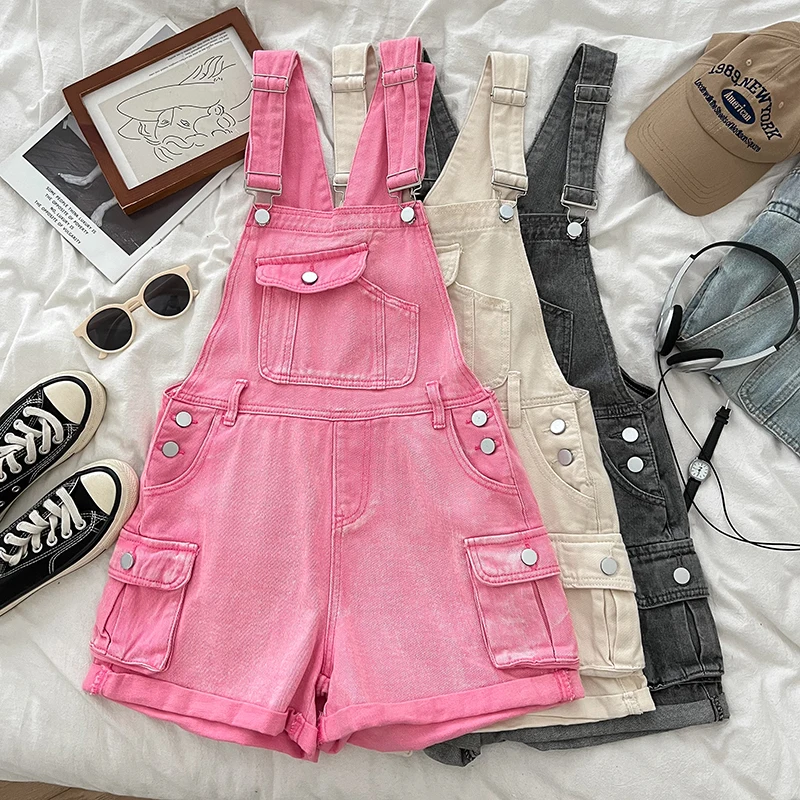 Fashion Cargo Denim Suspender Shorts Summer Double-pocket Jumpsuit Women Casual Wide-leg Straight Short Jeans