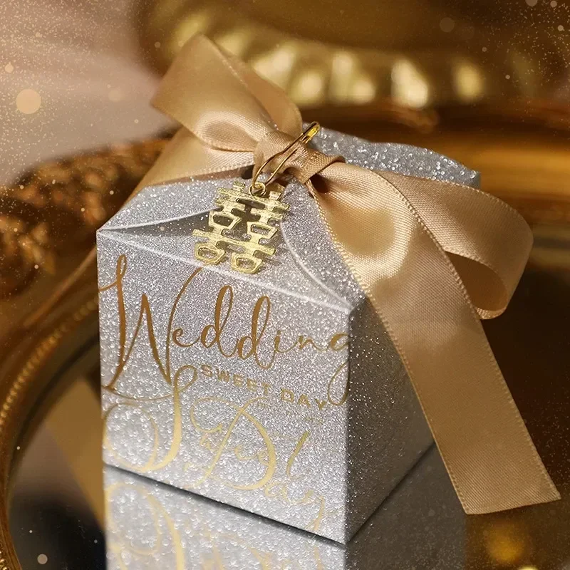 New 10pcs/Lot Wedding Candy Box With Pearl Ribbon Bow High-End Gift Chocolate Box High Quality Glitter Powder Shell Gift Boxs image 3