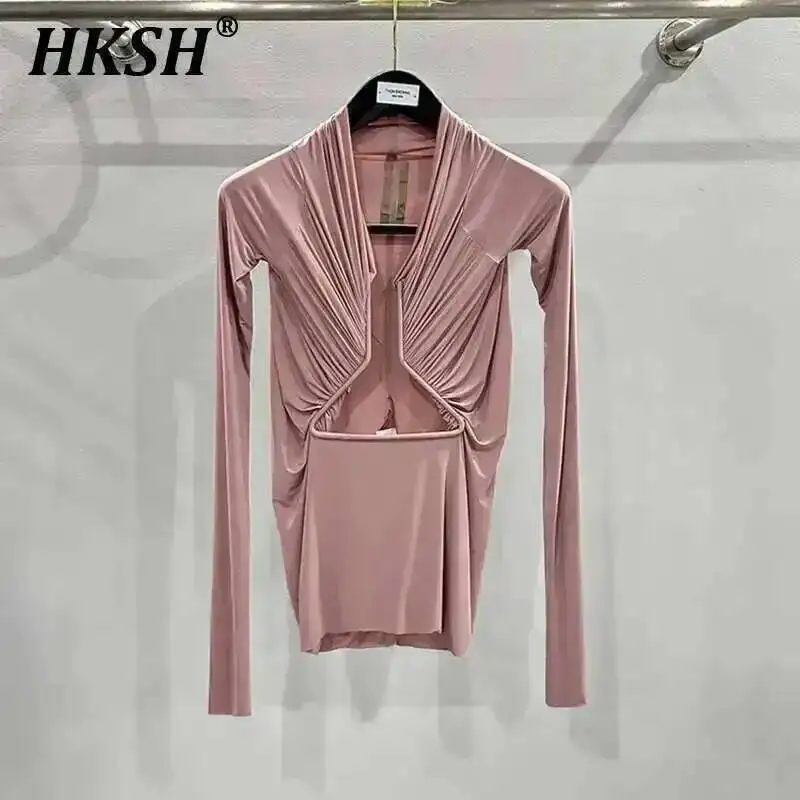 

HKSH Осень-Весна Новая женская сексуальная ажурная ниша в стиле RO Темный дизайн Модальная трикотажная футболка Шикарные модные хлопковые футболки H2688