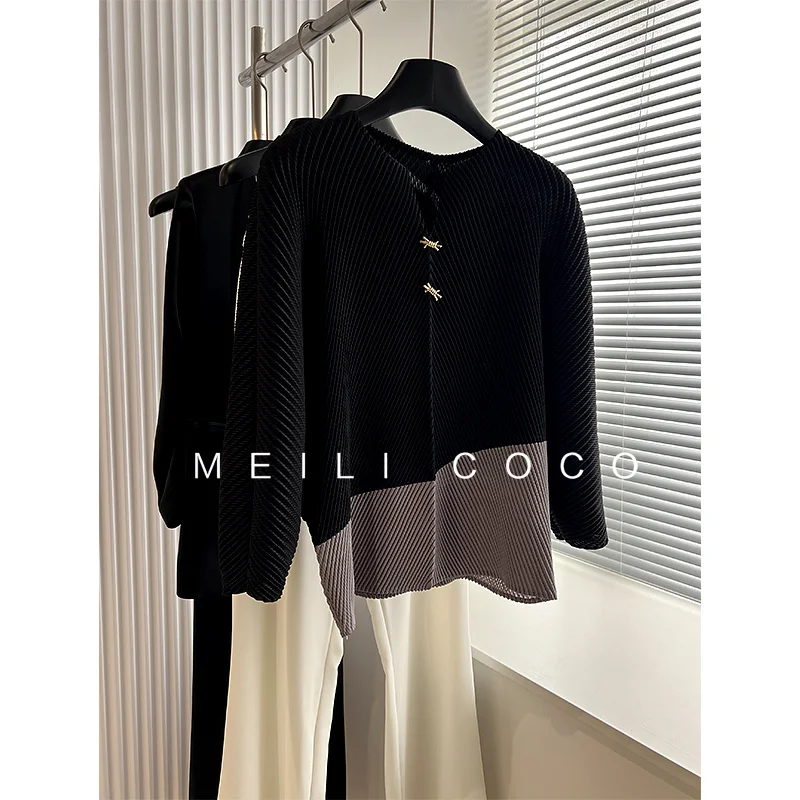 ALSEY 2024 Autumn New Dragon Scale Pleated Slim Hundred Fashion Temperament Long Sleeve Fashion Colorblocking Women's Blouse