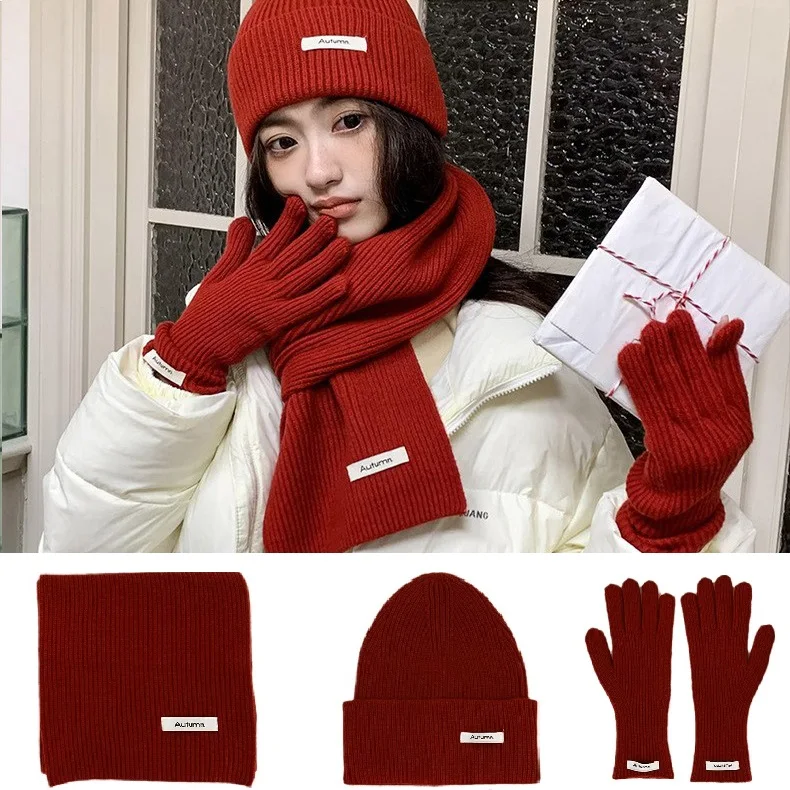 Warm Knit Beanie Hat and Gloves Set for Women, Long Neck Scarf, Skull Caps, Xmas Gifts for Youth Girls, 12 Colors, Winter