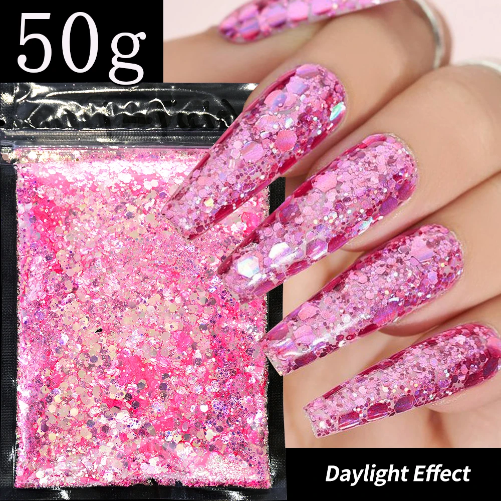 50g/Bag Holographic Hexagon Nail Glitter - Pink Sparkle Sequins Mixed Powder for DIY Manicure Slice Flakes Nail Art Decoration