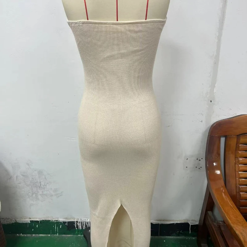 2024 Vestido largo de punto para mujer, ceñido liso, sin tirantes, con abertura, lápiz, verano otoño, Sexy, elegante, vestidos elegantes para mujer, bata envolvente