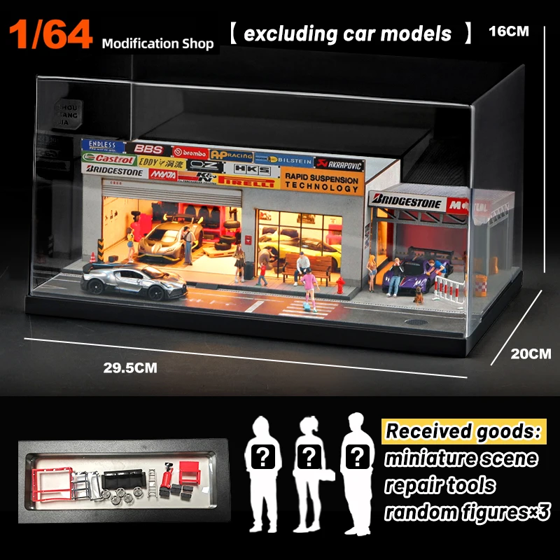 1/64 Automobile Repair and Modification Workshop Space Car Parking Space with Lights Simulated Decoration Scene (without car)