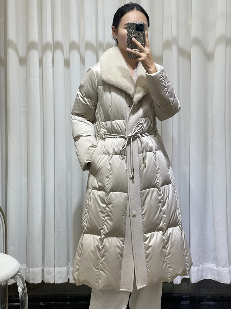 2024 New Fashion Winter Long Coats Filling White Goose Down Jacket Natural Real Mink Fur Collar Women Luxury Thick Warm Jacket