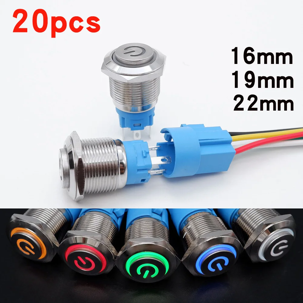 

20pcs 16mm 19mm 22mm Metal Push Button Switch 1NO1NC Waterproof Momentary Latching LED Light High Head PC Power 5V 12V 24V Blue