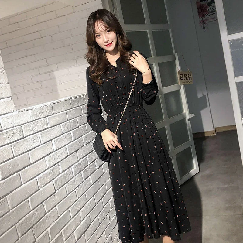 New Dot Long Sleeve Floral with Slim Waist Medium Length Skirt Casual es Vestidos Para Mujer Women Dress