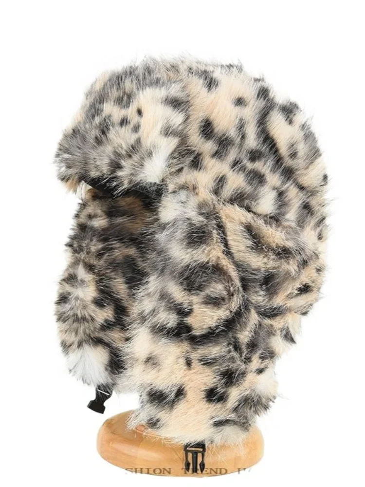 Unisex Faux Rabbit Fur Leopard Trapper Bomber Hat Ear Flaps Chin Strap Thick Warm Cold-proof Winter Adjustable Buckle Snow Hat