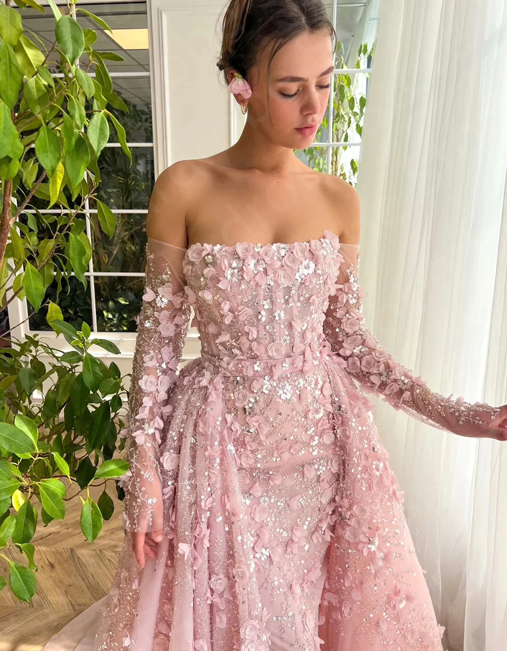 Exquisite Pink Evening Dresses Lace 2024 Prom Party Gowns Off Shoulder Sleeve Strapless Sequined Wedding Guest Dress Flowers