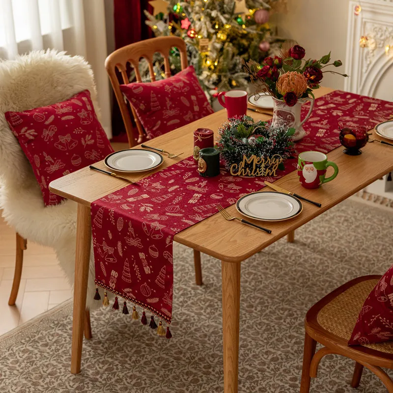 

Red Christmas Snowflake Deer Table Runner Tassel Bedside Flag Chest of Drawers TV Cabinet Cover Decoration