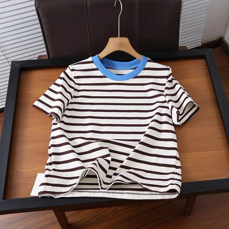 Nordic Stripe T-Shirt round Neck Short Sleeve Loose Fit Casual Versatile Women's Spring Summer Cotton Commute Style Basic Top