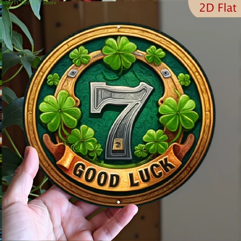Glückszahl 7 Vierblättriges Kleeblatt Rundes Blechschild, 2D Flachdruck Glücksbringer Metall-Wandplakette, St. Patrick's Day Deko für Zuhause B