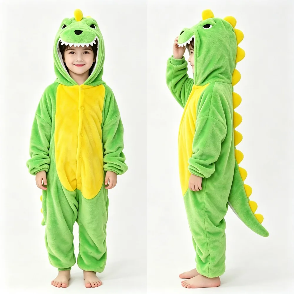 Kids Kigurumi Dinosaur Overalls Toddler Onesies Winter Pajamas Green Yellow Pink Blue White Unicorn Jumpsuits Halloween Costume view 6