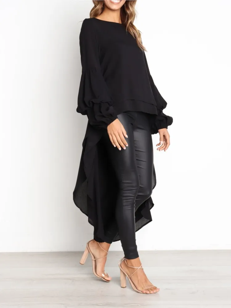

Women's Elegant Solid Color Chiffon Shirt O Neck Lantern Sleeves Irregular Long Blouses Tops Temperament Lady Commuting Clothing