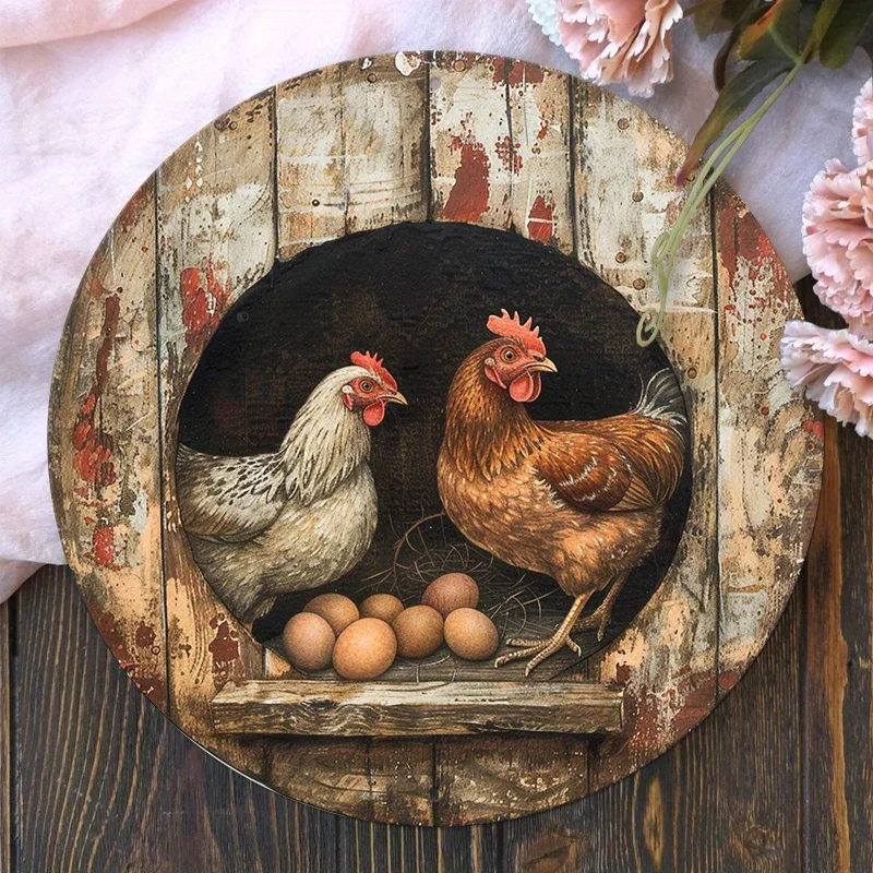 1pc 8x8 Inch Aluminum Chicken Coop & Eggs Theme Vintage Round Wall Sign for Home, Apartment, Cafe & Man Cave Decor - Waterproof