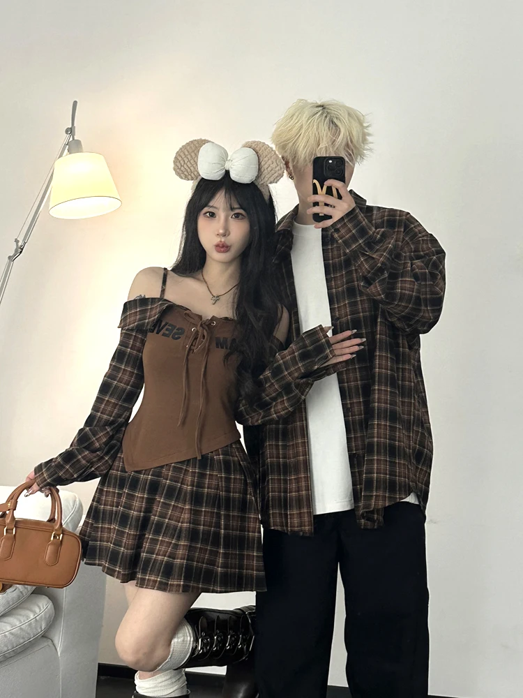 Couples Spring Fashion Plaid Shirt And Skirt Set Slimming Sexy Girl Dress Loose Fit Youthful Style Long Sleeve Button up