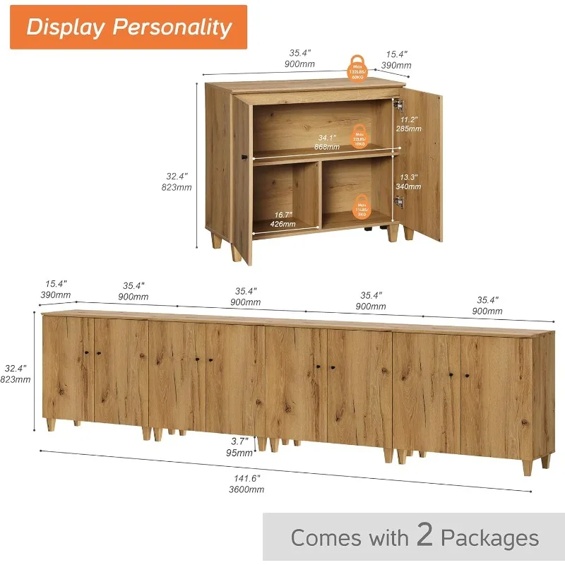 Sideboards Buffet Cabinets with Doors, with 12 Storage Compartments for Living Room, Entryway, Hallway, Oak Brown, 2 Packs